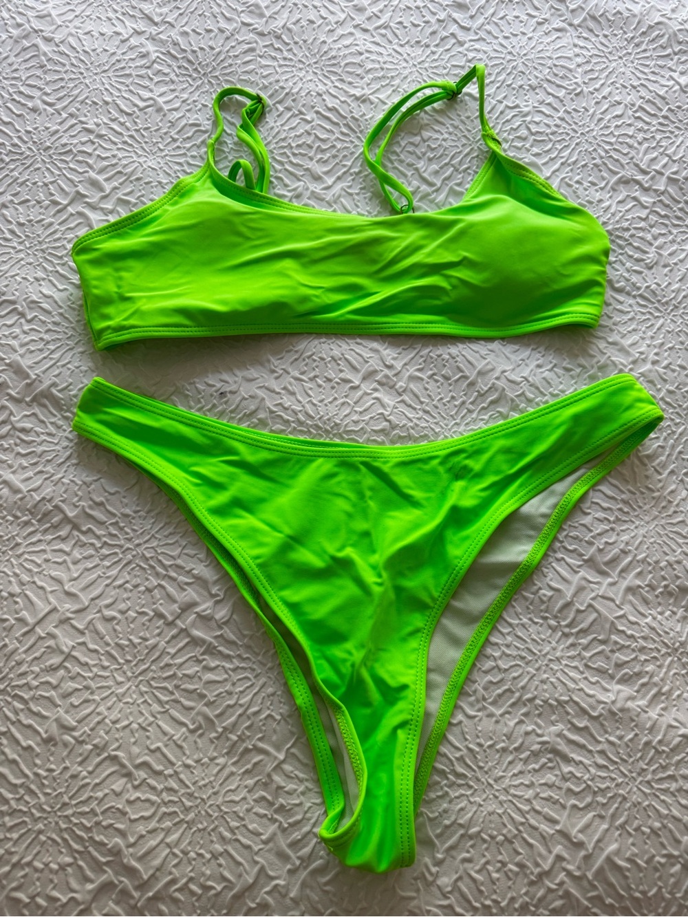 Neon Lime Green Bikini Set Scoop Neck High Cut Size L